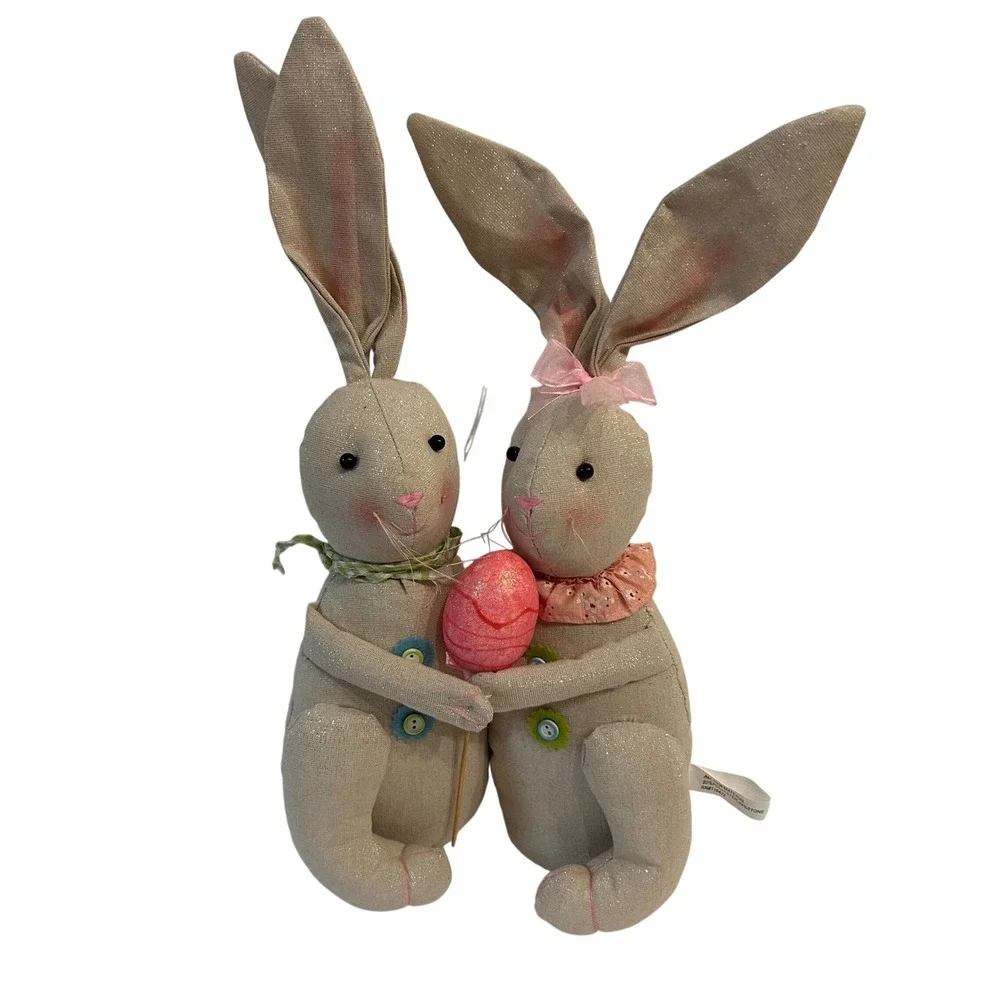 Easter Bunny Couple Figurine Shimmer Fabric Rabbits Pink Egg Spring Decor 17.5in